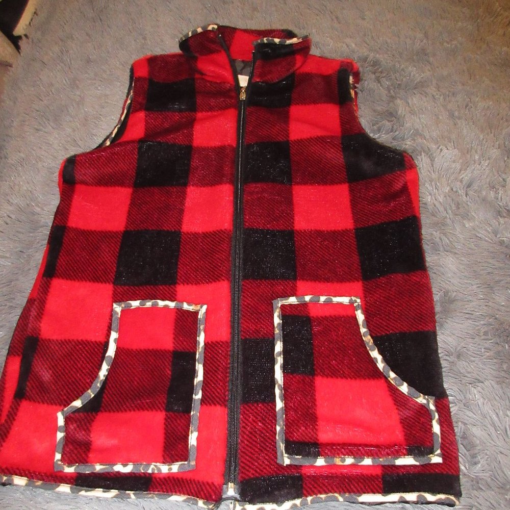 Soft Buffalo Plaid vest with animal print edging